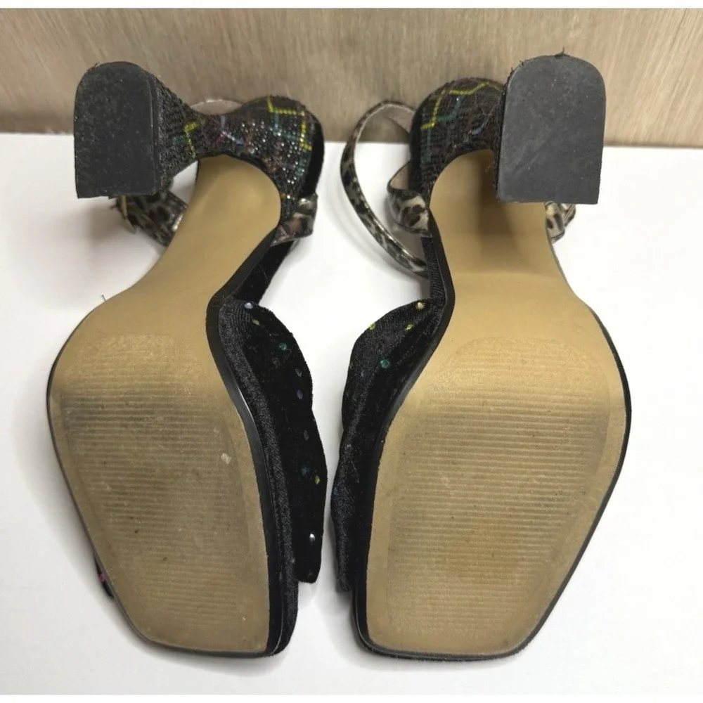 Betsey Johnson Alianna Black Velvet Rhinestone Bow Flared Heel Sandals 8M